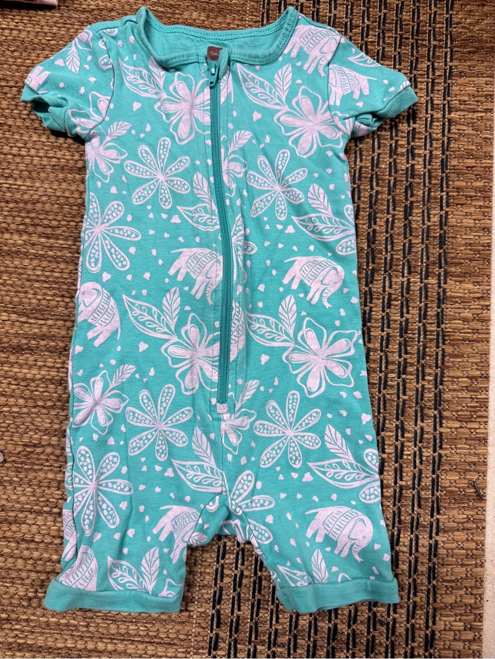 Tea Collection Teal Short-Sleeve One-Piece with Pink Floral & Elephant Print